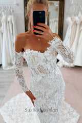 White Beach Wedding Dress Lace Mermaid Sweetheart Off The Shoulder Long Sleeves Cathedral Train Bridal Gown