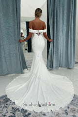 White Beach Wedding Dress Mermaid Strapless Off The Shoulder Long Satin Bridal Gown