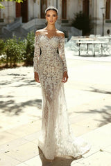 White Beach Wedding Dress Mermaid Sweetheart Off The Shoulder Long Sleeves Detachable Panel Train Lace Bridal Gown