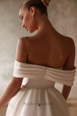 White Beach Wedding Dress Mermaid Sweetheart Off The Shoulder Sleeveless Panel Train Satin Bridal Gown With Pearls