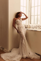 White Beach Wedding Dress Mermaid Sweetheart Sleeveless Sweep Train Tulle Lace Bridal Gown With Appliques