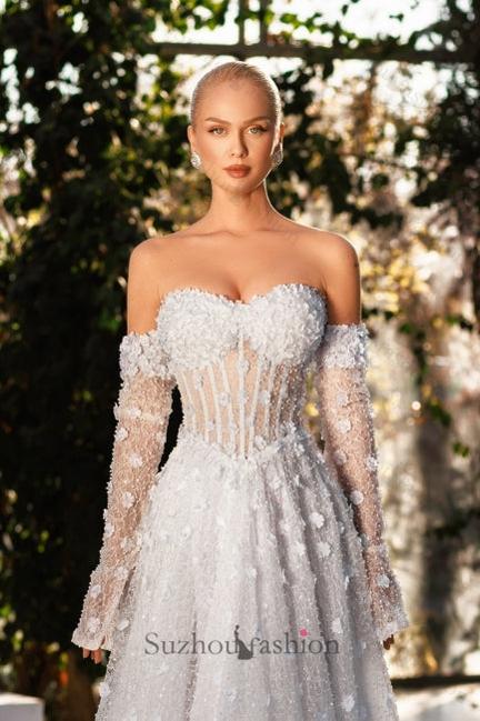 White Beach Wedding Dress Sweetheart A Line Sleeveless Sequined Sweep Train Tulle Bridal Gown With 3D Flowers