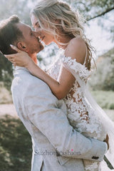 White Beach Wedding Dress V Neck Lace Mermaid Spaghetti Strap Off The Shoulder Cap Sleeves Long Bridal Gown