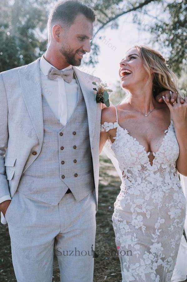 White Beach Wedding Dress V Neck Lace Mermaid Spaghetti Strap Off The Shoulder Cap Sleeves Long Bridal Gown