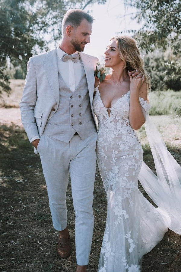 White Beach Wedding Dress V Neck Lace Mermaid Spaghetti Strap Off The Shoulder Cap Sleeves Long Bridal Gown