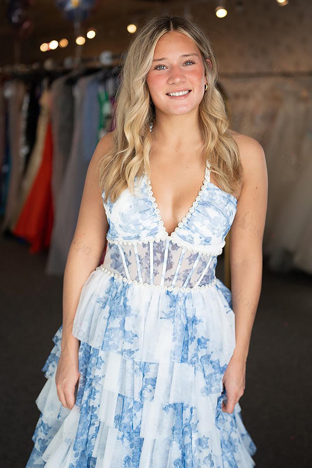 Suzhoufashion White Blue Prom Dress A Line Corset Ruffled Floral Long Formal Dress Suzhoufashion White Blue Prom Dress A Line Corset Ruffled Floral Long Formal Dress