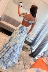 White Blue Prom Dress Flower Cold Shoulder Ruffles Long Formal Dress With Slit
