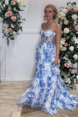 White Blue Prom Dress Flower Sweetheart Tiered A-Line Long Formal Dress