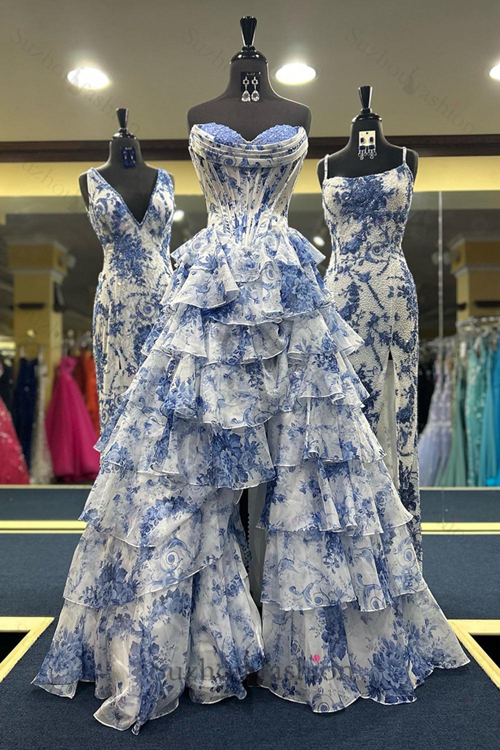 White Blue Prom Dress Flower Tiered Sweetheart Corset Long Formal Dress