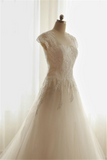 White Elegant Tulle Wedding Dresses Court Train Applique Tiered Bridal Gowns
