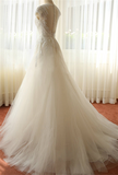 White Elegant Tulle Wedding Dresses Court Train Applique Tiered Bridal Gowns