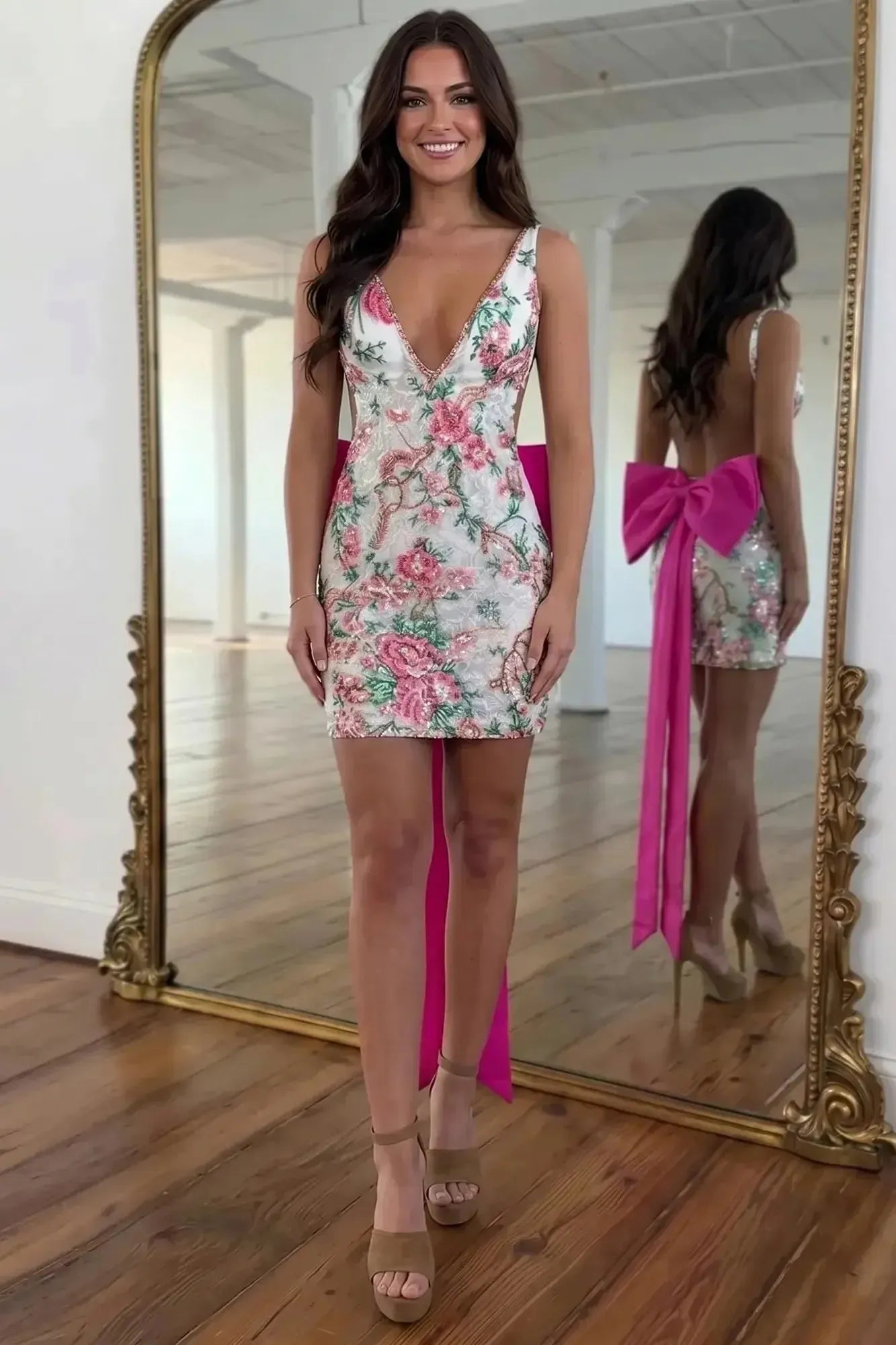 White Floral Embroidered Deep V-Neck Homecoming Dress with Oversized Bow Train