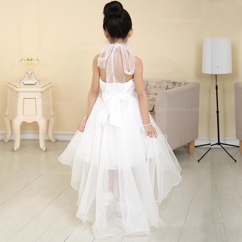 White Flower Girl Dresses Halter Bow Hi Lo Ruched Lovely A Line Organza Pageant Dress
