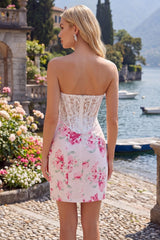 White Fuchsia Flower Tight Short Sweetheart Corset Homecoming Dress with Lace
