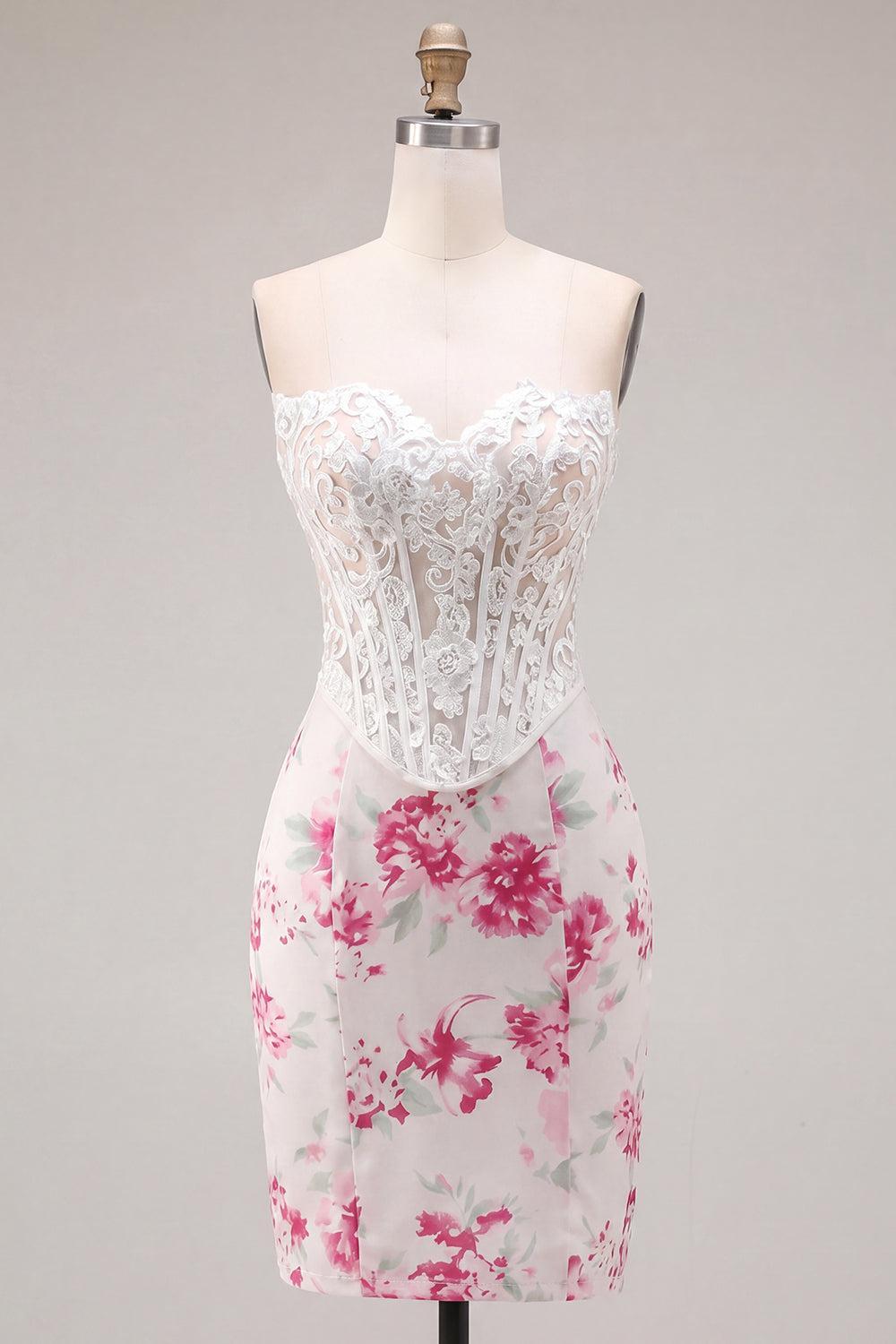 White Fuchsia Flower Tight Short Sweetheart Corset Homecoming Dress with Lace