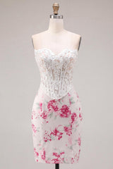 White Fuchsia Flower Tight Short Sweetheart Corset Homecoming Dress with Lace