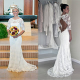 White Half Sleeve Sexy Mermaid Bridal Gown Sweep Train Trumpet Lace Wedding Dresses