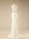 White High Collar Sexy Evening Dresses Crystal Chiffon Zipper Long Gown CJ0188
