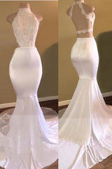 White High-Neck Evening Gown Sleeveless Newest Mermaid Prom Dress
