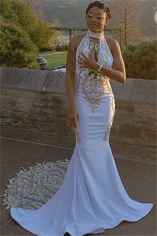 White High-Neck Sleeveless Sweep Train Prom Dresses | Elegant Appliques Mermaid Prom Gown BC0982