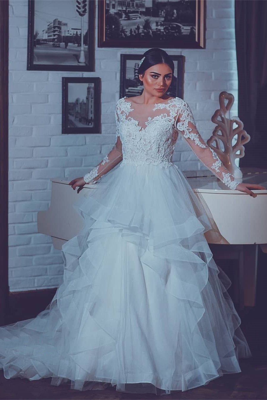 White Lace-Appliques Wedding Dresses | Open-Back Long-Sleeves Bridal Gowns | Suzhoufashion White Lace-Appliques Wedding Dresses | Open-Back Long-Sleeves Bridal Gowns | Suzhoufashion