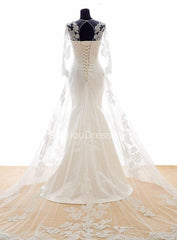 White Lace Long Sleeve Mermaid Bridal Gowns Sweep Train Lace-up Elegant Jewel Royal Princess Wedding Dresses BA3344