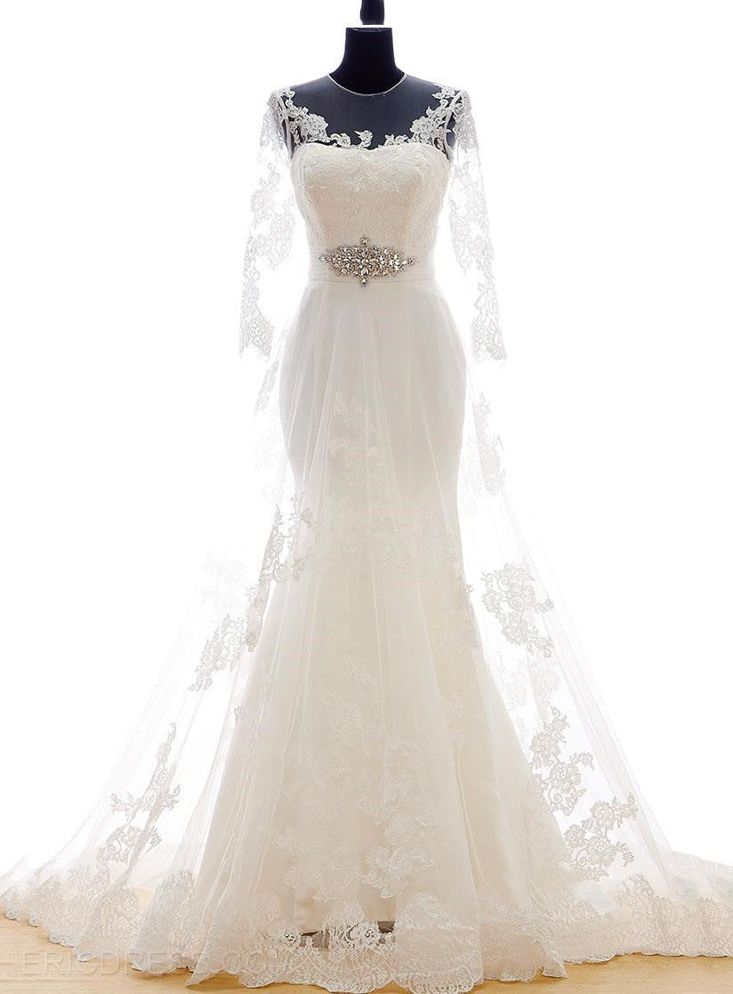 White Lace Long Sleeve Mermaid Bridal Gowns Sweep Train Lace-up Elegant Jewel Royal Princess Wedding Dresses BA3344