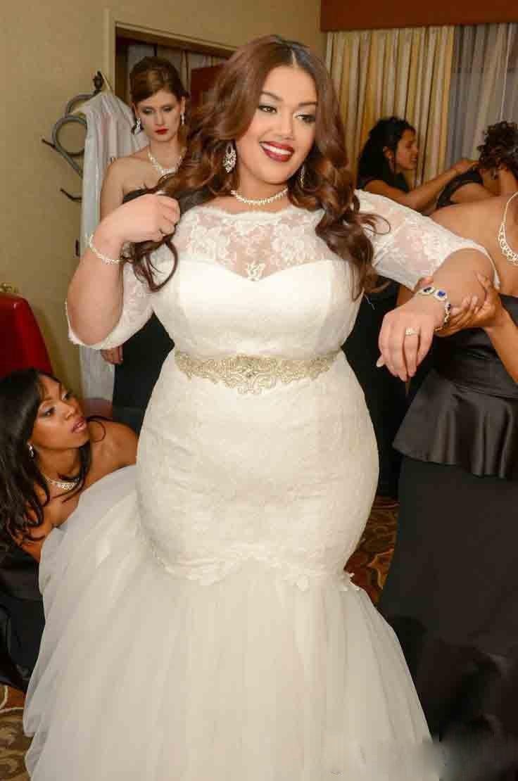 White Lace Sexy Mermaid Plus Size Wedding Dress Half Sleeve Custom Made Bridal Gown