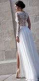 White Lace Sheer Long Sleeve Wedding Dresses Side Slit Chiffon Evening Dresses