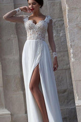 White Lace Sheer Long Sleeve Wedding Dresses Side Slit Chiffon Evening Dresses
