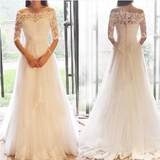 White Lace off The Shoulder Bridal Dresses Sweep Train Half Sleeve Tulle Wedding Dresses