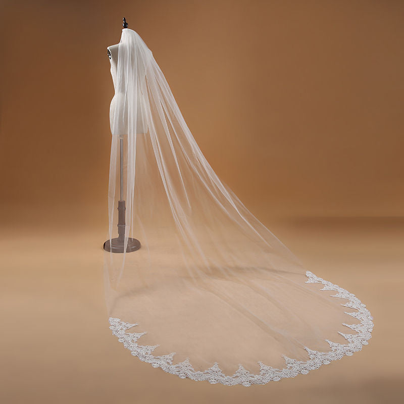 White Long Bridal Veil with Lace