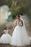 White Long Sleeve Tulle Princess Wedding Dresses Floor Length Ball Gown Flowers Bridal Gowns MH002