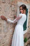 White Long Sleeves V Neck Lace Ruffles A-Line Wedding Dresses