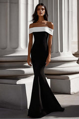 Suzhoufashion White Mermaid Off The Shoulder Long Satin Black Tie Dress