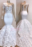 White Mermaid Prom Dresses One-Shoulder Lace Evening Dresses with Sleeves