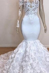 White Mermaid Prom Dresses One-Shoulder Lace Evening Dresses with Sleeves
