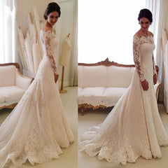 White Off-the-shoulder Lace Long Sleeve Bridal Gowns Sheath Simple Custom Made Wedding Dresses