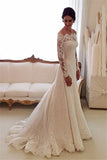 White Off-the-shoulder Lace Long Sleeve Bridal Gowns Sheath Simple Custom Made Wedding Dresses