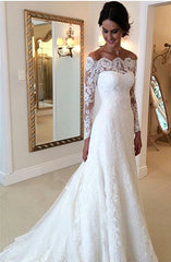 White Off-the-shoulder Lace Long Sleeve Bridal Gowns Sheath Simple Custom Made Wedding Dresses