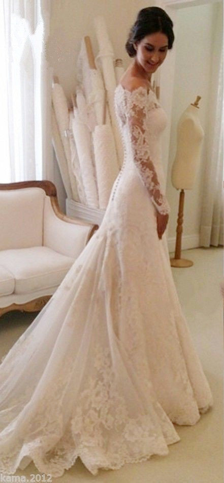 White Off-the-shoulder Lace Long Sleeve Bridal Gowns Sheath Simple Custom Made Wedding Dresses