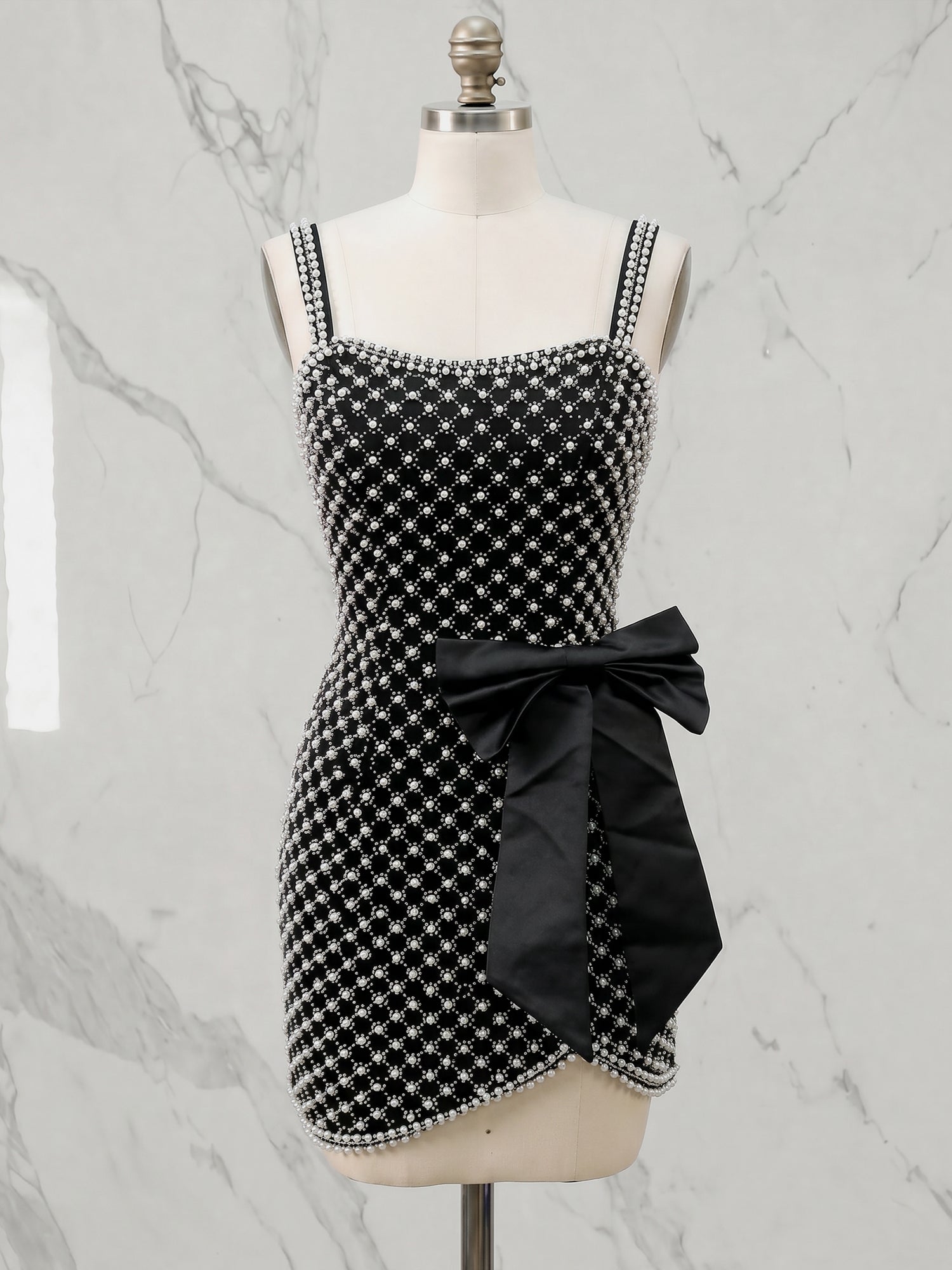 White Pearl Lattice Short Homecoming Dress with Satin Bow
