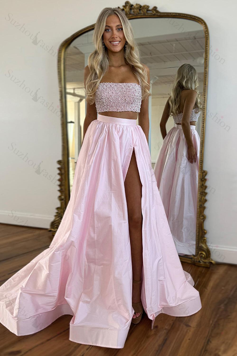 Suzhoufashion White Prom Dress 2 Piece Beaded Satin Long Formal Dress With  Slit – suzhoufashion