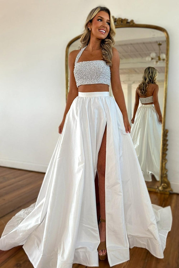 Suzhoufashion White Prom Dress 2 Piece Beaded Satin Long Formal Dress With Slit