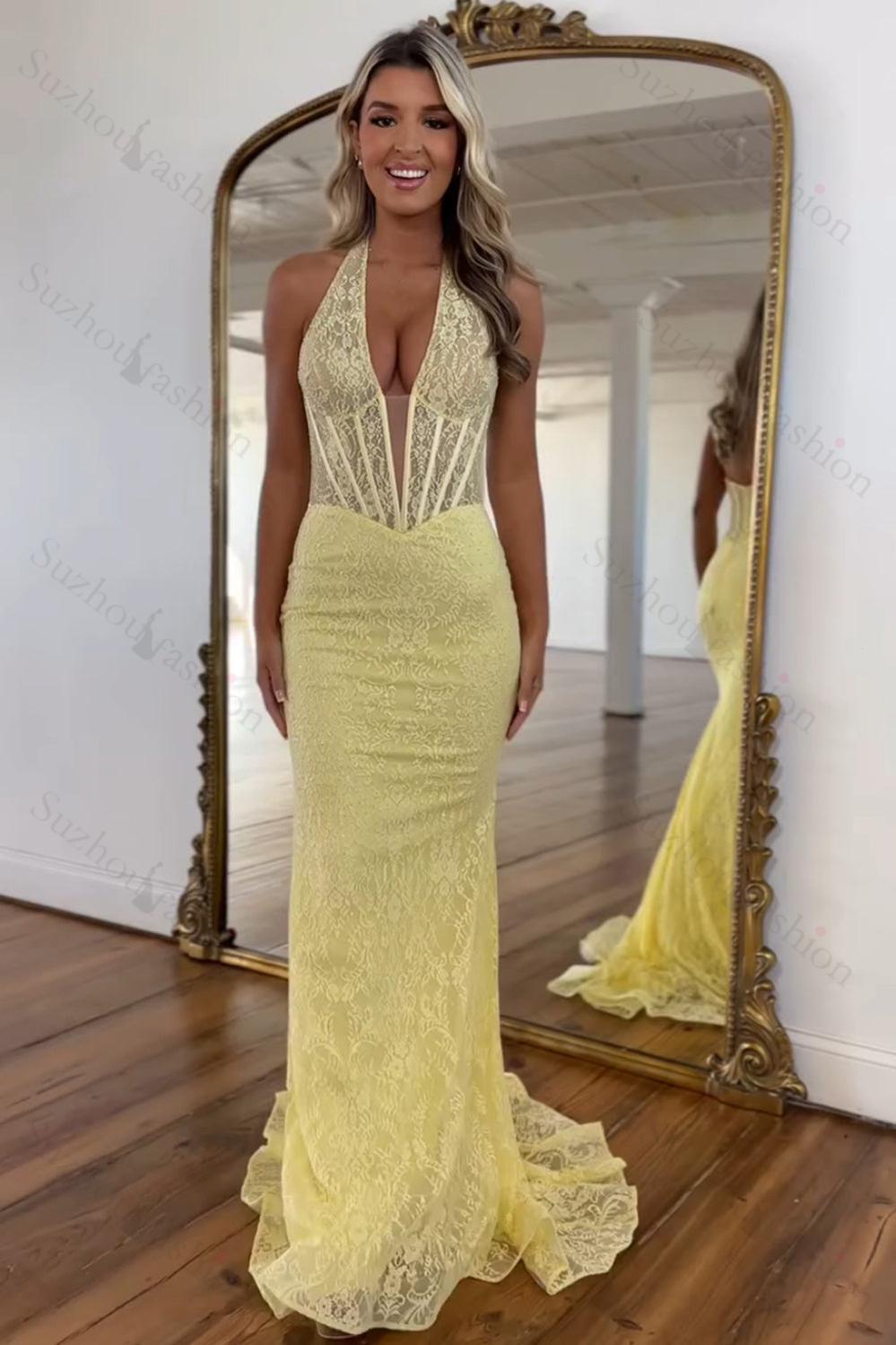 Suzhoufashion White Prom Dress Lace Mermaid Deep V-Neck Halter Corset Long Formal Dress Suzhoufashion White Prom Dress Lace Mermaid Deep V-Neck Halter Corset Long Formal Dress