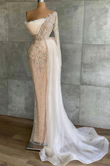 White Prom Dress Long Sleeve Mermaid Appliques Evening Formal Dress Beaded With Ruffles
