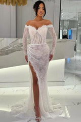 White Prom Dress Mermaid Sweetheart Off The Shoulder Sequined Lace Formal Dress With Slit