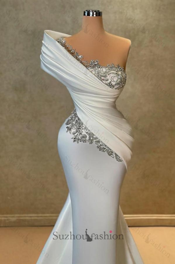 White Prom Dress One Shoulder Mermaid Lace Satin Formal Dress With Rhinestones White Prom Dress One Shoulder Mermaid Lace Satin Formal Dress With Rhinestones