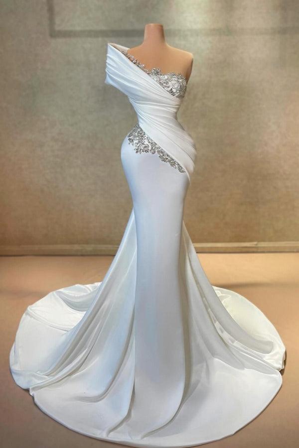 White Prom Dress One Shoulder Mermaid Lace Satin Formal Dress With Rhi – suzhoufashion