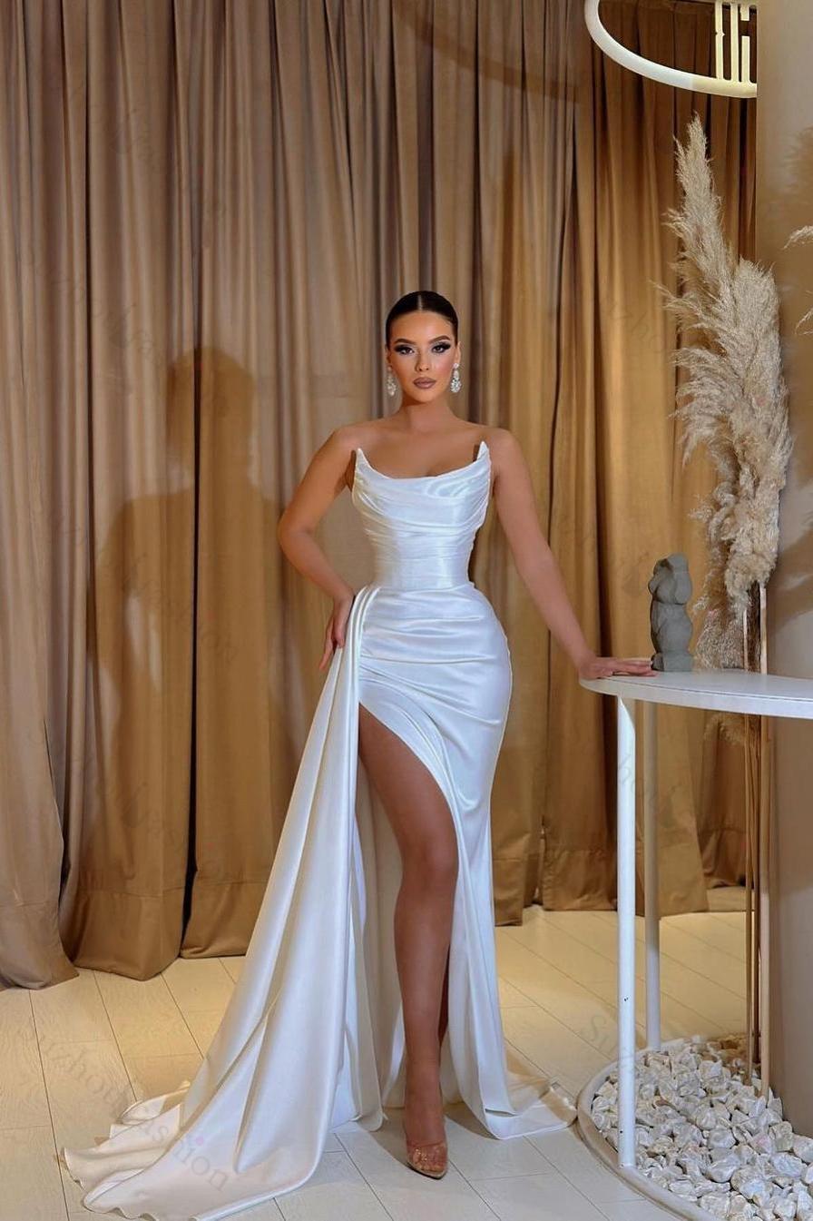 White Prom Dress Satin Strapless Split Mermaid Long Evening Formal Dress